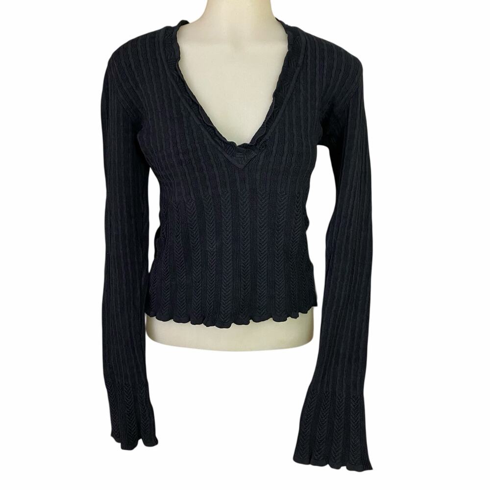 Alaïa ALAIA Vintage Black Sweater 80s Bell Sleeve V-Neck Jumper Small